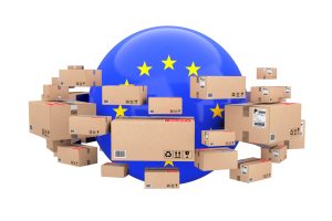 global shipping logistic concept sphere with european union flag surrounded by cardboard boxes with parcel goods white background 3d rendering